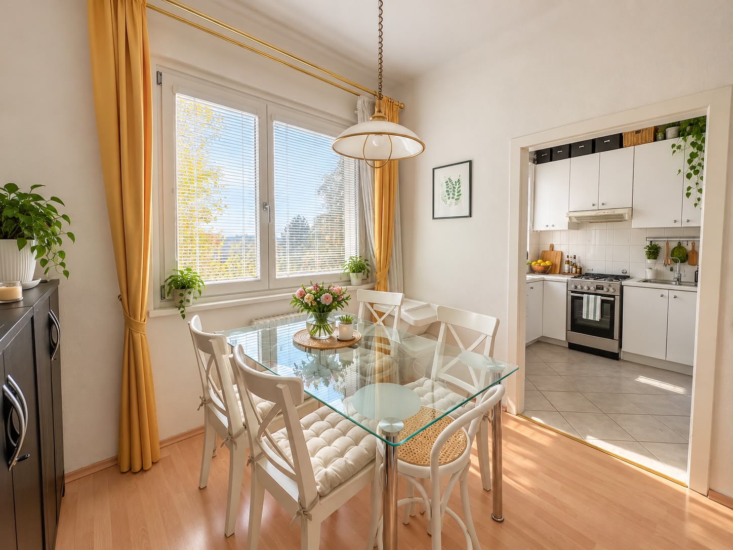 Sunny dining area with a glass table, four white chairs and a window, opening onto the kitchen